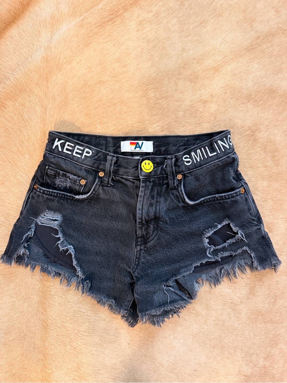 Aviator Nation black distressed Denim Women’s Shorts with Yellow Smiley Patches - Picture 3 of 5
